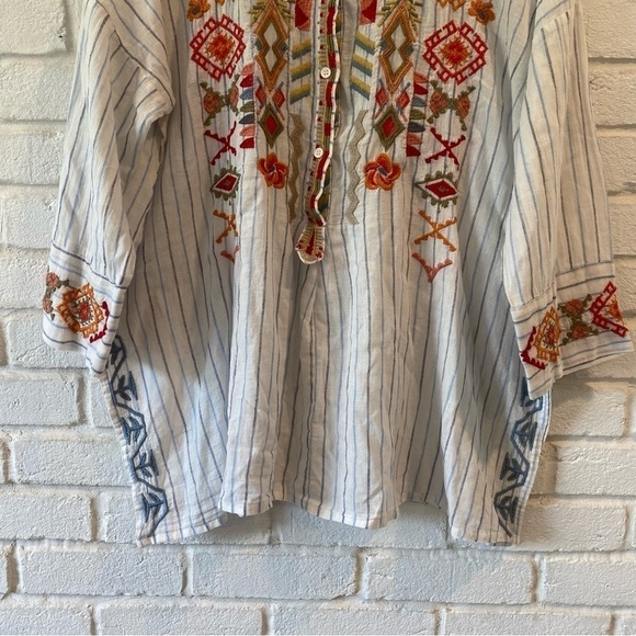 Johnny Was Clapton Stripe Blouse Embroidered Linen Cotton Blend White Medium - Picture 4 of 10